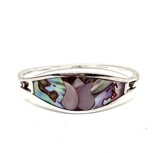 Vintage Alpaca Silver Bangle Bracelet with Mother of Pearl and Abalone Inlay
